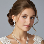 A radiant French bride, elegant and serene, wearing a delicate lace wedding gown with a flattering V-neckline. Her refined hairstyle, a soft updo, highlights a pair of medium-sized, sparkling diamond drop earrings. A simple, elegant pendant necklace subtly follows the neckline, complementing the overall harmonious look. The lighting is soft and natural, emphasizing the subtle glow of the ethical white gold jewelry and the bride's natural beauty. The image captures a blend of timeless elegance and personalized refinement.