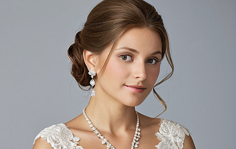 A radiant French bride, elegant and serene, wearing a delicate lace wedding gown with a flattering V-neckline. Her refined hairstyle, a soft updo, highlights a pair of medium-sized, sparkling diamond drop earrings. A simple, elegant pendant necklace subtly follows the neckline, complementing the overall harmonious look. The lighting is soft and natural, emphasizing the subtle glow of the ethical white gold jewelry and the bride's natural beauty. The image captures a blend of timeless elegance and personalized refinement.