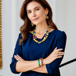 A confident professional woman, fully clothed in a modest, elegant navy blue blouse and tailored trousers, adorned with multiple layered necklaces featuring a harmonious blend of colorful precious and semi-precious stones like emerald, amethyst, citrine, and sapphire, varying in length and shape. Her wrists display an elegant stack of colorful bracelets with mixed metals (gold, white gold, rose gold) and varied textures (polished, matte). Her well-formed hands showcase rings with vibrant, contrasting gemstones, ensuring proper finger count. She stands in a bright, modern Parisian art gallery, with soft natural light illuminating the scene, creating a sophisticated and artistic atmosphere. Professional photography, high detail, perfect anatomy, correct proportions, natural pose, safe for work, appropriate content, family-friendly.
