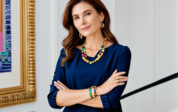 A confident professional woman, fully clothed in a modest, elegant navy blue blouse and tailored trousers, adorned with multiple layered necklaces featuring a harmonious blend of colorful precious and semi-precious stones like emerald, amethyst, citrine, and sapphire, varying in length and shape. Her wrists display an elegant stack of colorful bracelets with mixed metals (gold, white gold, rose gold) and varied textures (polished, matte). Her well-formed hands showcase rings with vibrant, contrasting gemstones, ensuring proper finger count. She stands in a bright, modern Parisian art gallery, with soft natural light illuminating the scene, creating a sophisticated and artistic atmosphere. Professional photography, high detail, perfect anatomy, correct proportions, natural pose, safe for work, appropriate content, family-friendly.