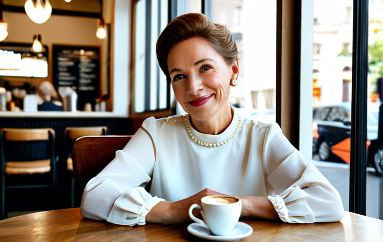 Pearl Earrings - Timeless Elegance**

"A professional woman with perfectly styled hair, wearing delicate pearl stud earrings, fully clothed in a modest, high-necked blouse, sitting at a cafe table, enjoying a coffee, soft natural lighting, appropriate attire, safe for work, perfect anatomy, natural proportions, well-formed hands, proper finger count, professional photography, high quality, family-friendly."

**