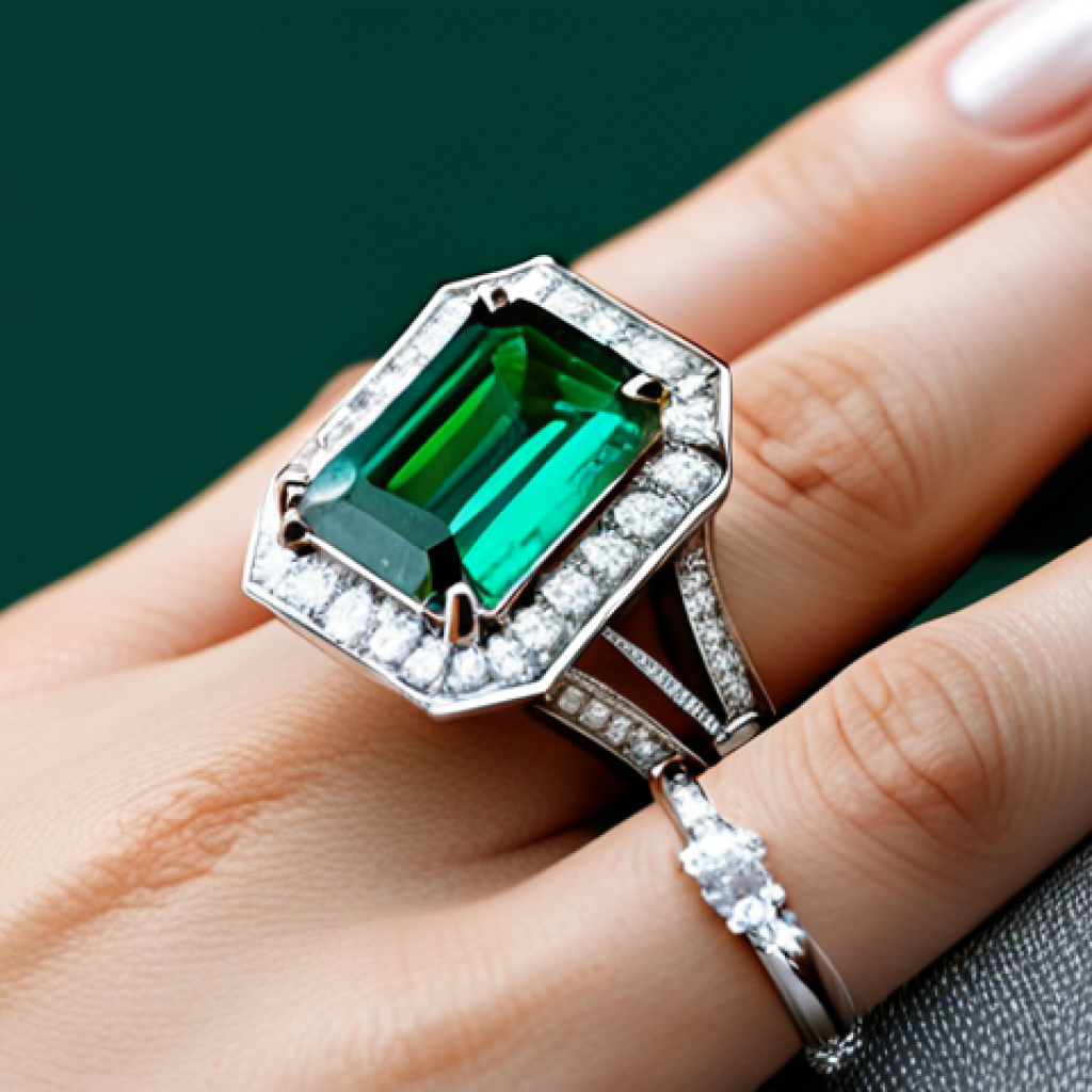 에메랄드 컷과 브릴리언트 컷 차이 - Emerald Cut Elegance**

"A close-up shot of a woman's hand, adorned with a ring featuring a large em...