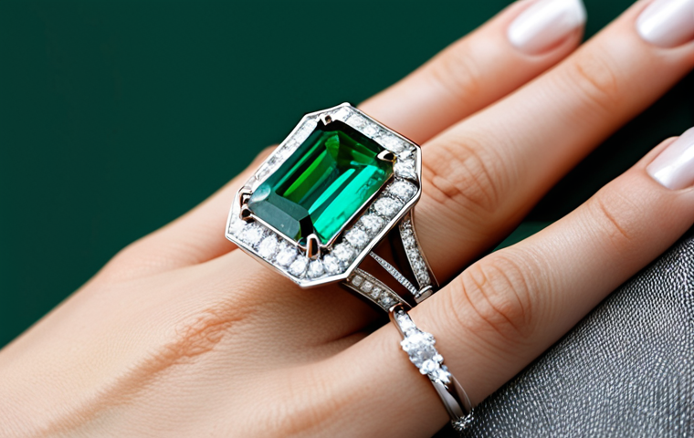 에메랄드 컷과 브릴리언트 컷 차이 - Emerald Cut Elegance**

"A close-up shot of a woman's hand, adorned with a ring featuring a large em...