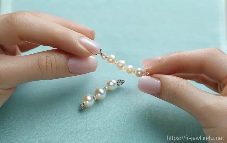 럭셔리 주얼리 컬렉션 관리법 - **Delicate Pearl Necklace Cleaning**
    A close-up, high-definition photograph of elegant hands (wo...