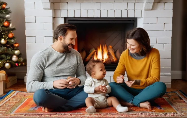 사파이어 쥬얼리의 특성과 관리법 - **Prompt:** A cozy family scene inside a beautifully decorated living room during a light snowfall o...