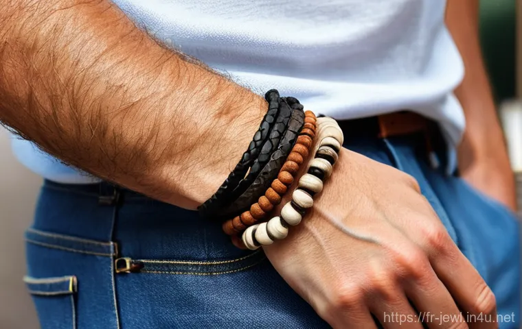 남성용 가죽 팔찌 브랜드 추천 - **Prompt 1: Casual Bohemian Stacking**
    "A close-up shot of a man's wrist, mid-20s to 30s, featur...
