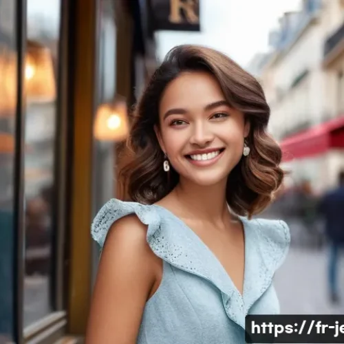 귀걸이의 길이별 스타일링 팁 - **Prompt:** A young woman with a round face smiles confidently at a Parisian cafe. She is wearing de...