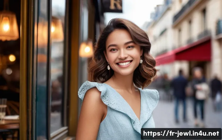 귀걸이의 길이별 스타일링 팁 - **Prompt:** A young woman with a round face smiles confidently at a Parisian cafe. She is wearing de...