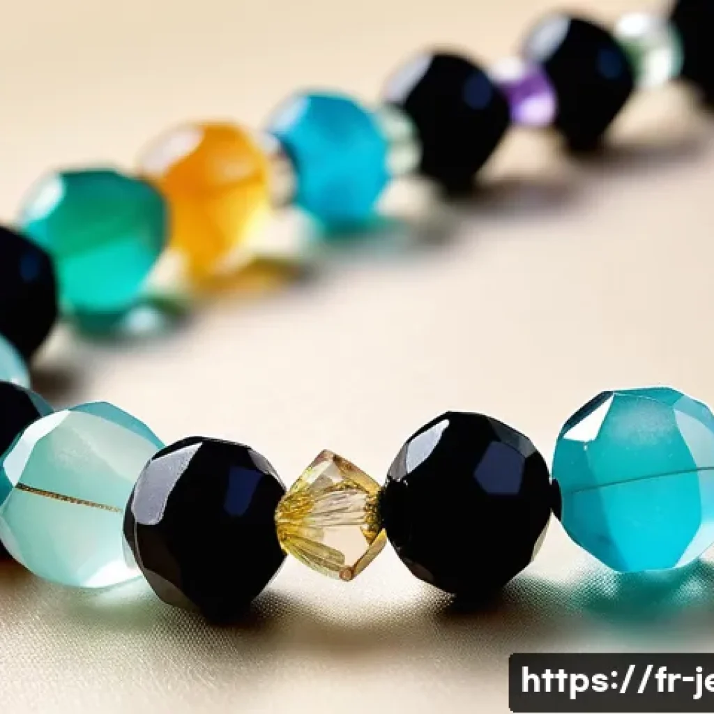 비즈 목걸이 DIY 만드는 법 - A close-up artistic shot of a handmade necklace featuring a mix of semi-precious gemstone beads like...