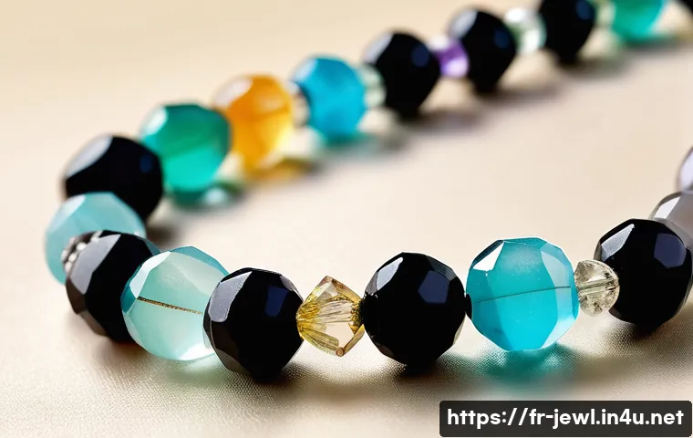 비즈 목걸이 DIY 만드는 법 - A close-up artistic shot of a handmade necklace featuring a mix of semi-precious gemstone beads like...