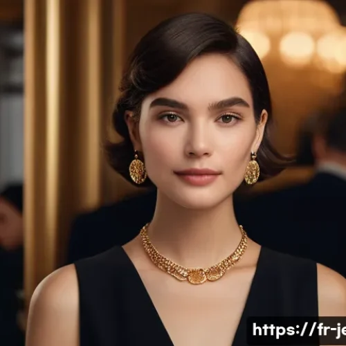 파티용 화려한 목걸이 추천 - A sophisticated evening scene featuring a French woman with an oval face wearing a minimalist gold c...