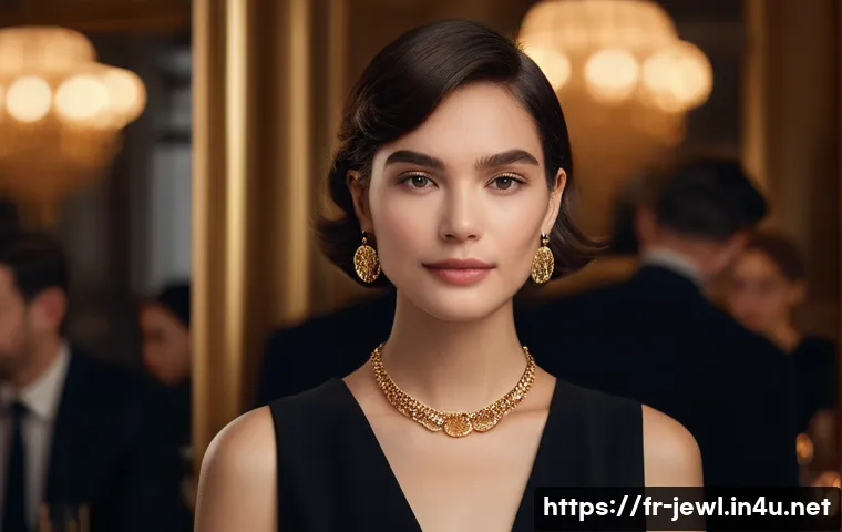 파티용 화려한 목걸이 추천 - A sophisticated evening scene featuring a French woman with an oval face wearing a minimalist gold c...