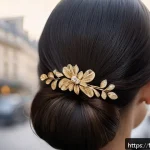 명품 헤어 액세서리 추천 - A close-up portrait of a sophisticated French woman with long, flowing hair styled in a low chignon,...