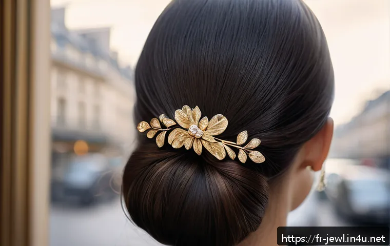 명품 헤어 액세서리 추천 - A close-up portrait of a sophisticated French woman with long, flowing hair styled in a low chignon,...